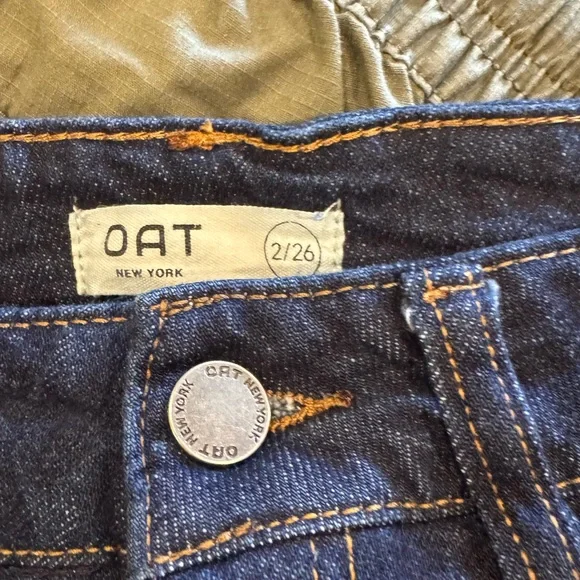 OAT New York Dark Wash High Waist Wide Leg Cropped Jeans Raw Hems Size 26 Used - Picture 2 of 7